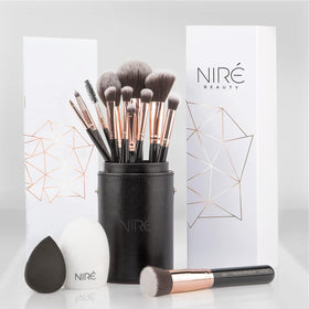 Nire Beauty 15-piece vegan brush set in case for on-the-go professional makeup.