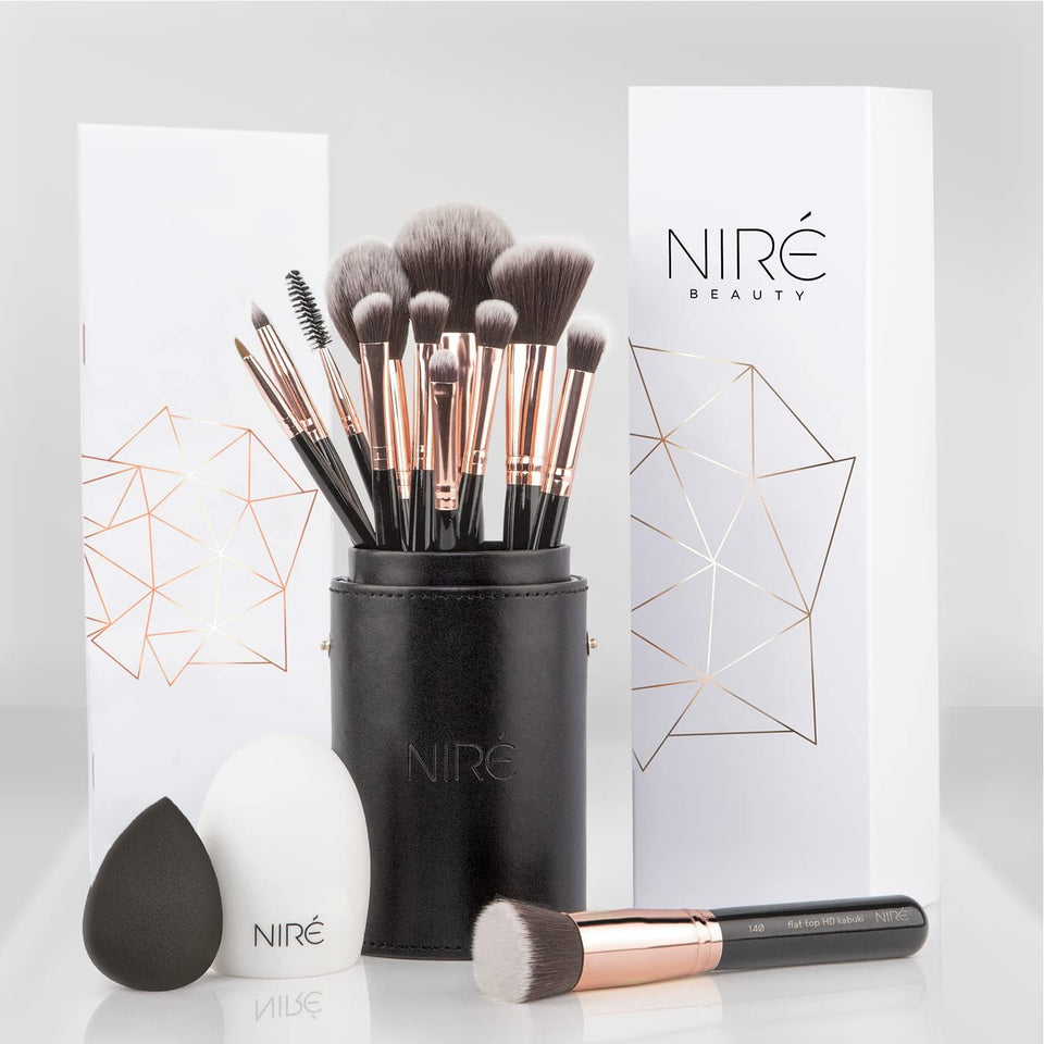 Nire Beauty 15-piece vegan brush set in case for on-the-go professional makeup.