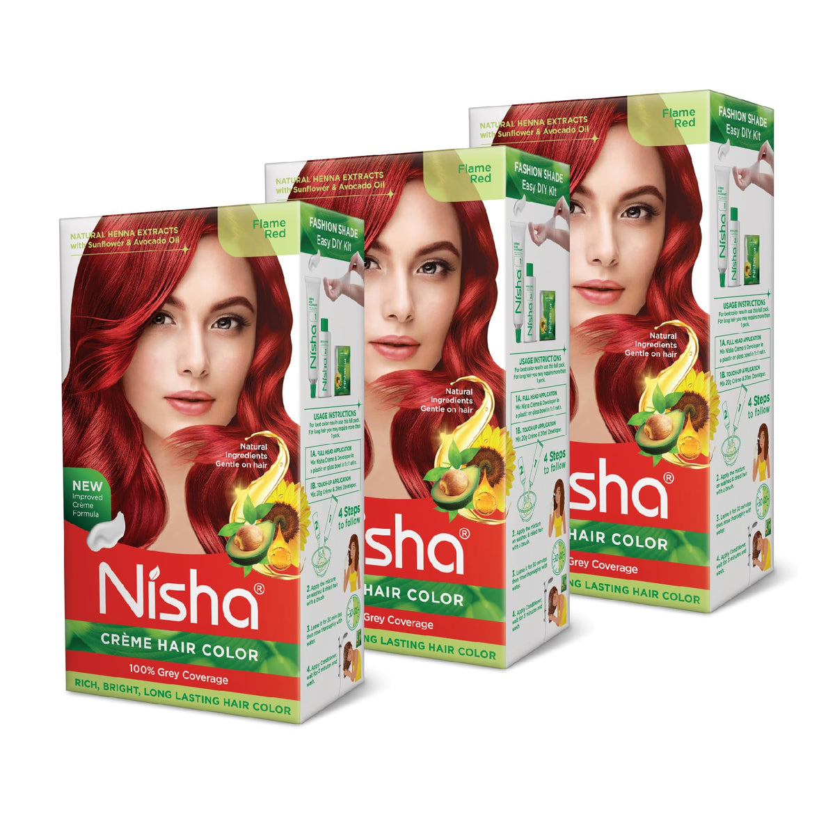 Nisha Creme Hair Color Flame Red kit shown for at-home salon results and gray coverage.