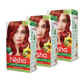 Nisha Creme Hair Color Flame Red kit shown for at-home salon results and gray coverage.