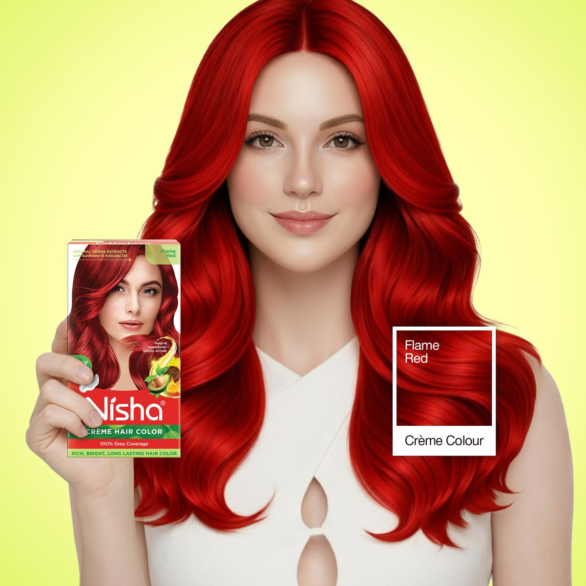 Nisha Creme Hair Color Flame Red packaging highlighted for easy at-home coloring.