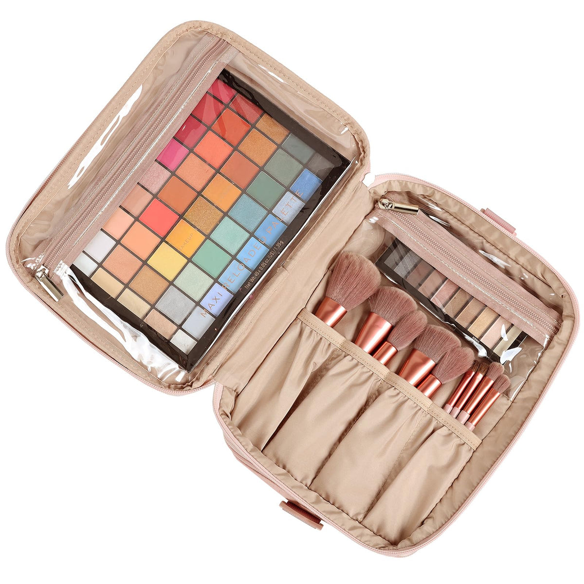 NISHEL double-layer cosmetic case with removable divider for organized on-the-go use.