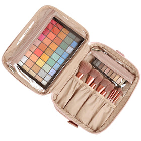 NISHEL double-layer cosmetic case with removable divider for organized on-the-go use.