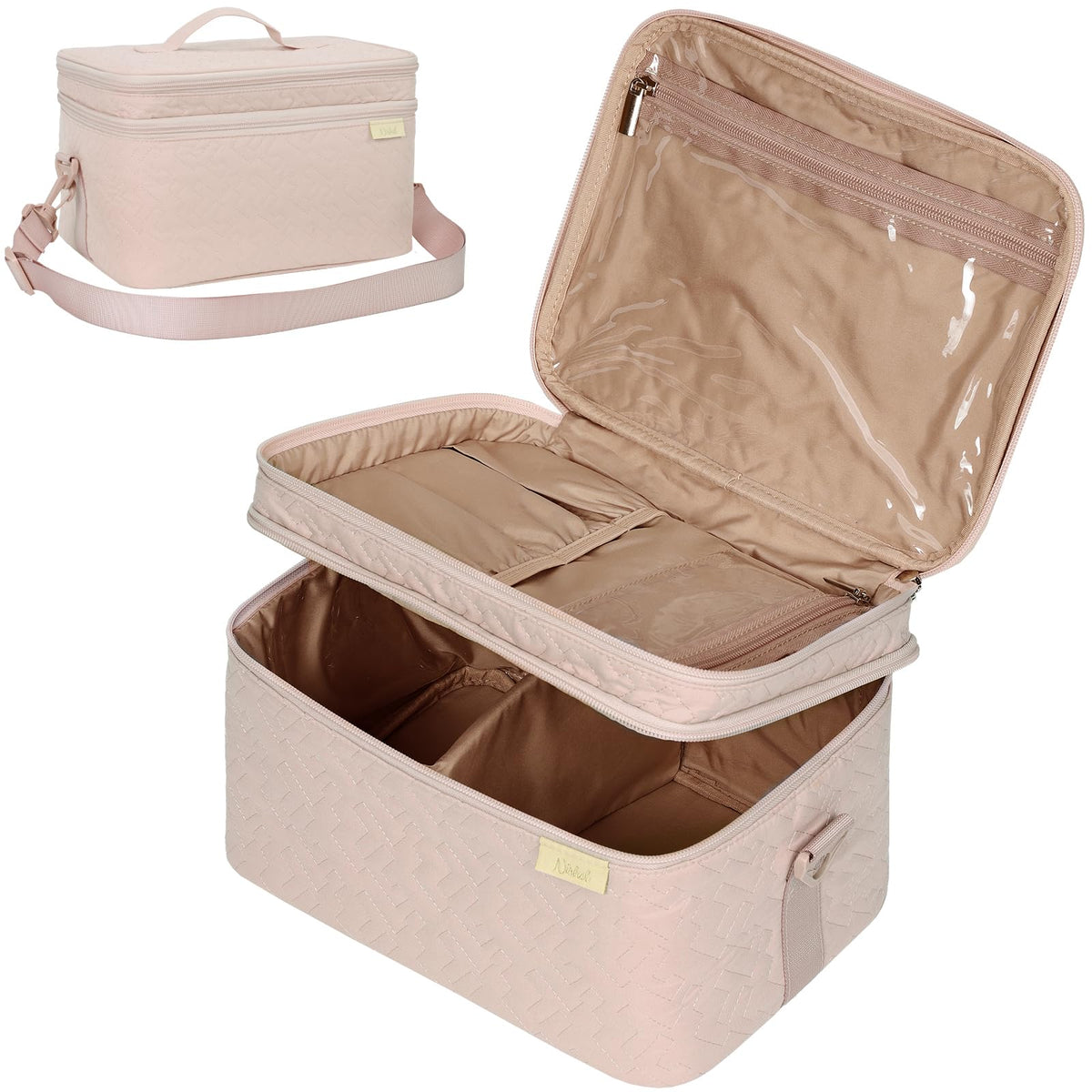 NISHEL extra-large travel makeup bag open, spacious top compartment for brushes and lipsticks.