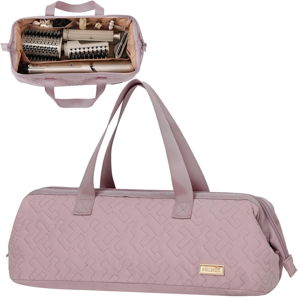NISHEL peach-pink travel bag front view showing organized interior