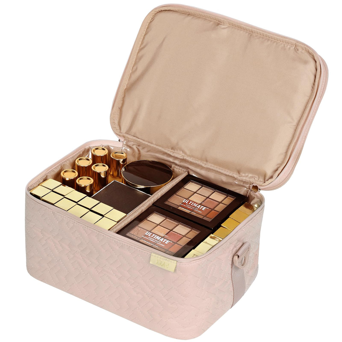 NISHEL pink cosmetic organizer with large clear pocket for eyeshadow palettes.