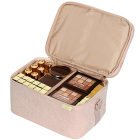 NISHEL pink cosmetic organizer with large clear pocket for eyeshadow palettes.
