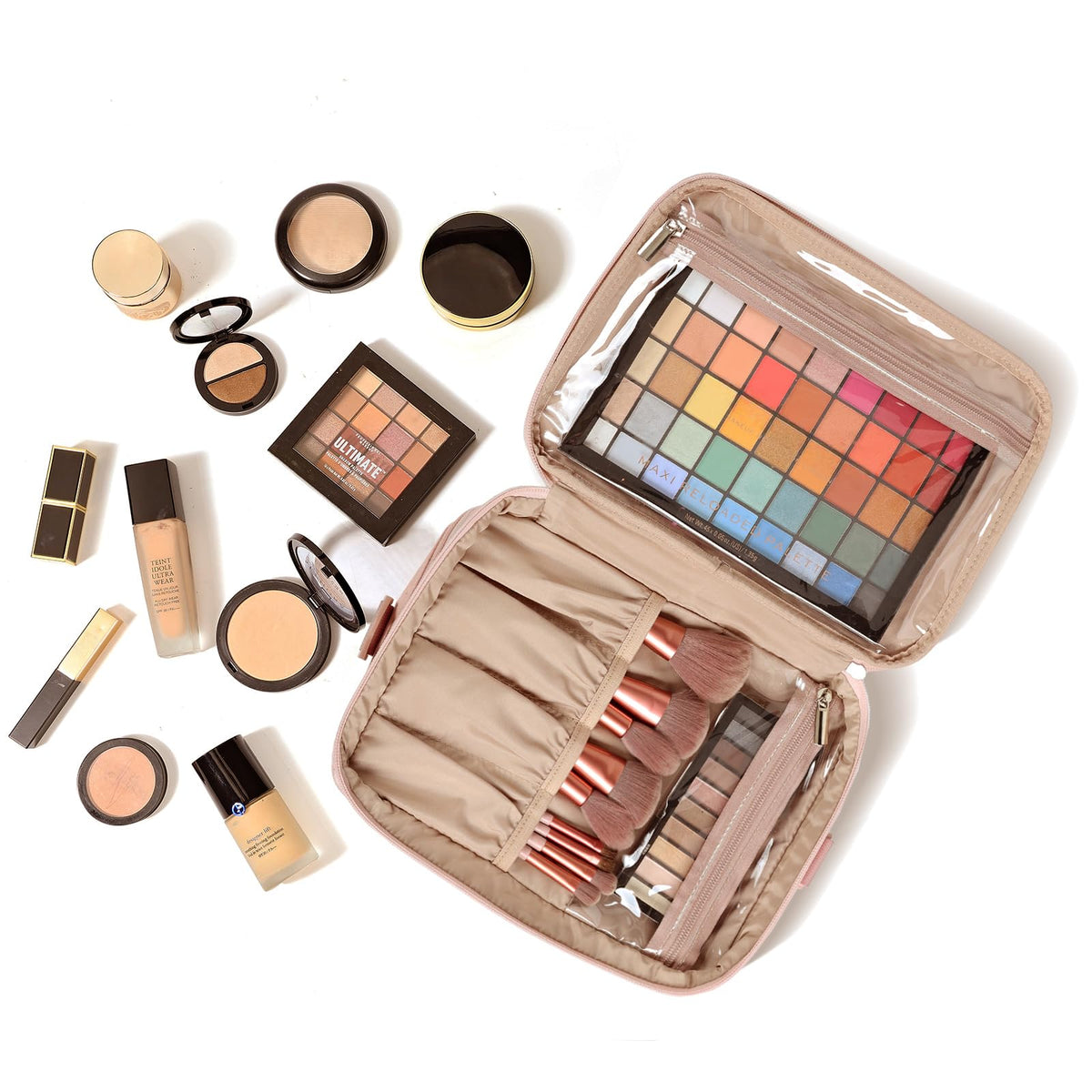 NISHEL pink travel makeup bag shows a neat closed appearance for travel.
