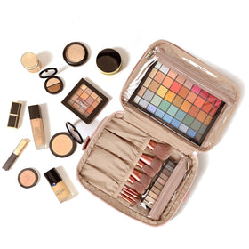 NISHEL pink travel makeup bag shows a neat closed appearance for travel.