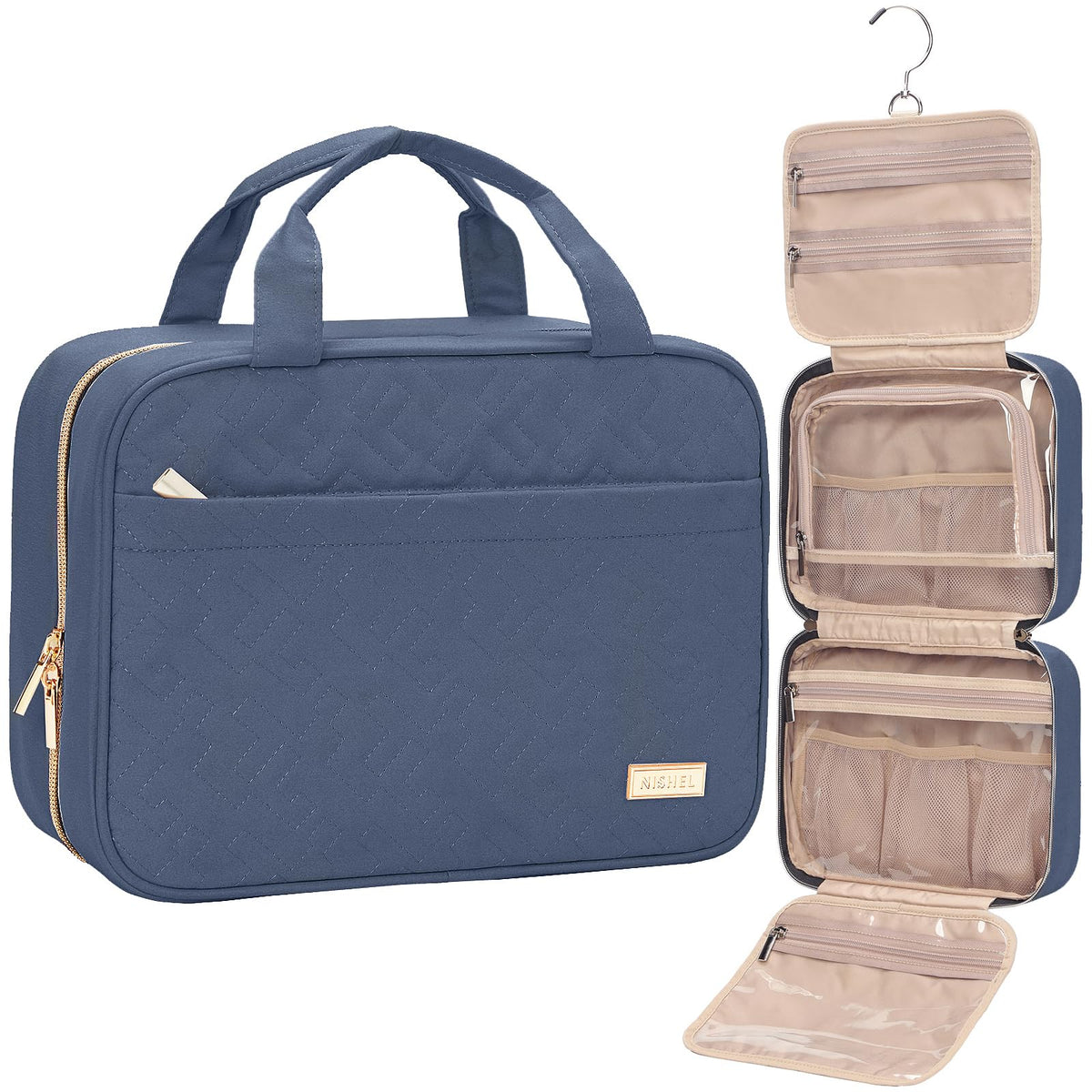 NISHEL travel toiletry bag in Aegean Blue hanging for easy access on the go