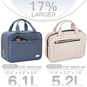 NISHEL toiletry bag interior compartments organize cosmetics, shampoo, and brushes