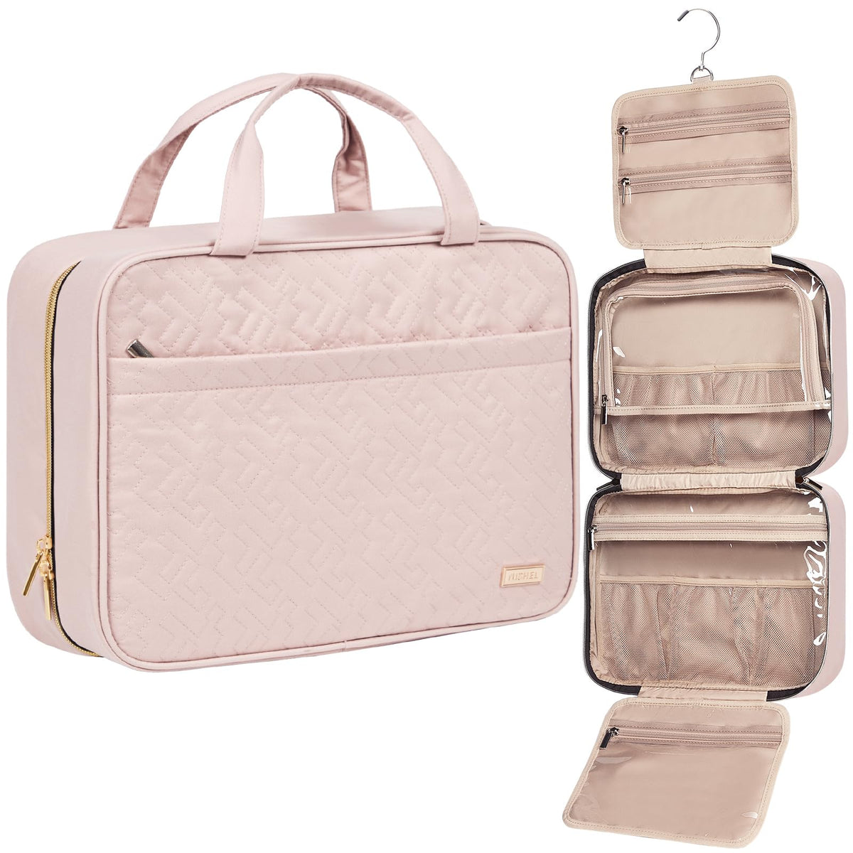 NISHEL travel toiletry bag pink front view shows spacious main compartment for family toiletries.
