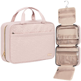 NISHEL travel toiletry bag pink front view shows spacious main compartment for family toiletries.