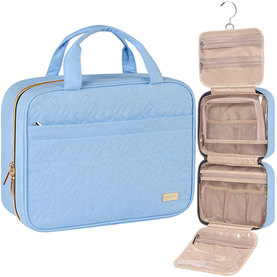 NISHEL travel toiletry bag Placid Blue holds full-size shampoo with organized compartments