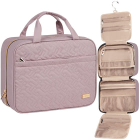 NISHEL Travel Toiletry Bag in peach pink with organized compartments for easy packing