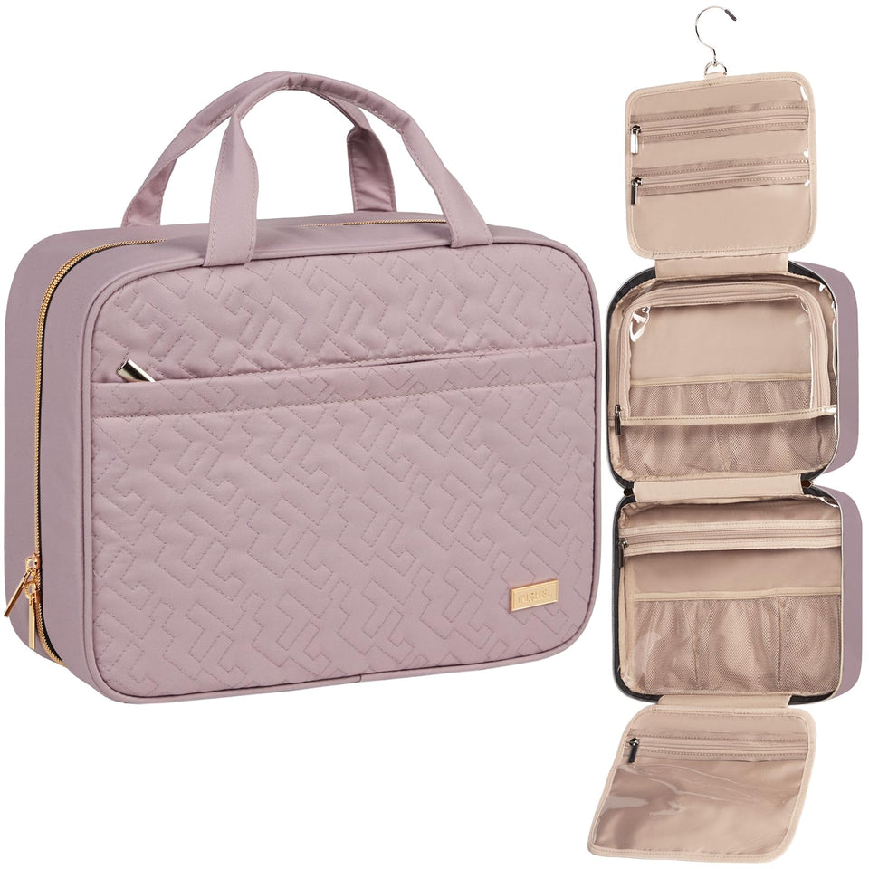 NISHEL Travel Toiletry Bag in peach pink with organized compartments for easy packing