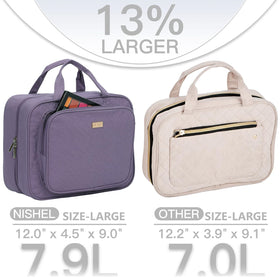 NISHEL purple travel bag open view for quick access to cosmetics