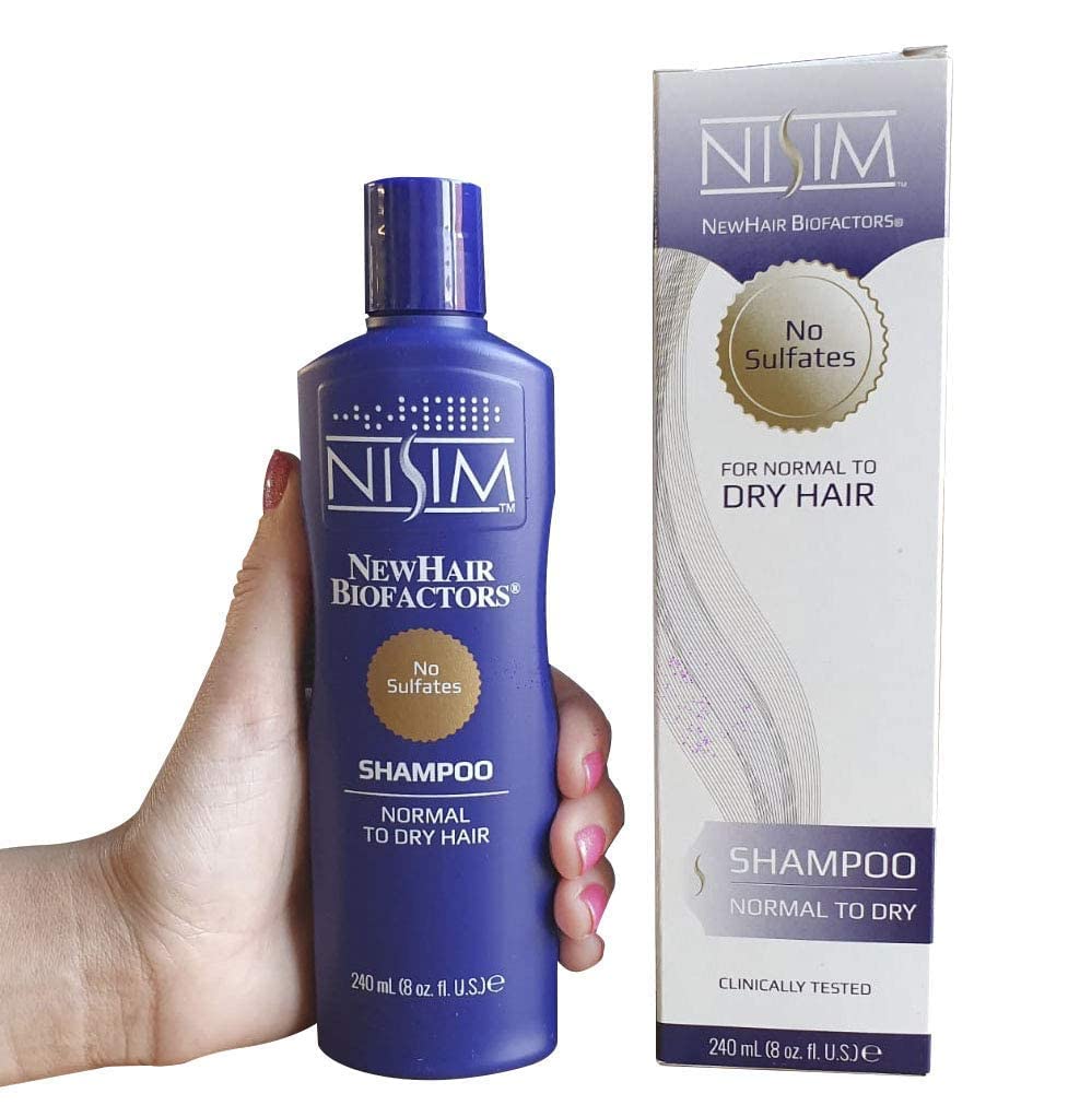Nisim NewHair BioFactors Shampoo label highlights sulfate-free formula