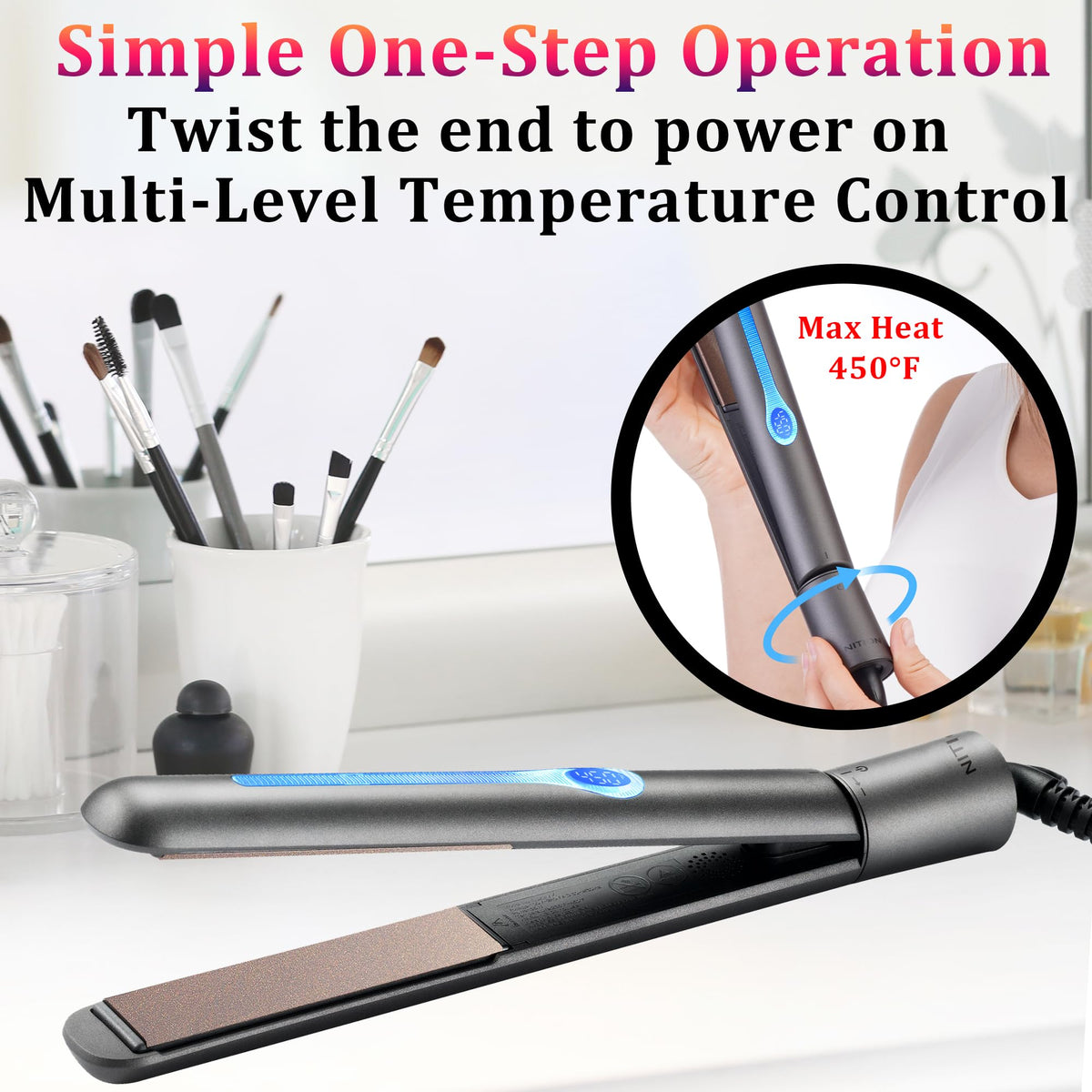 NITION flat iron displaying max temperature for reference