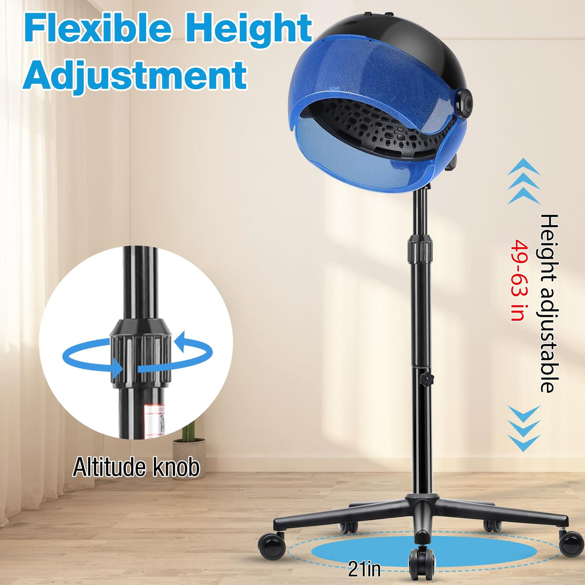 Niuadage hooded hair dryer height adjustment enables versatile seating and standing use.