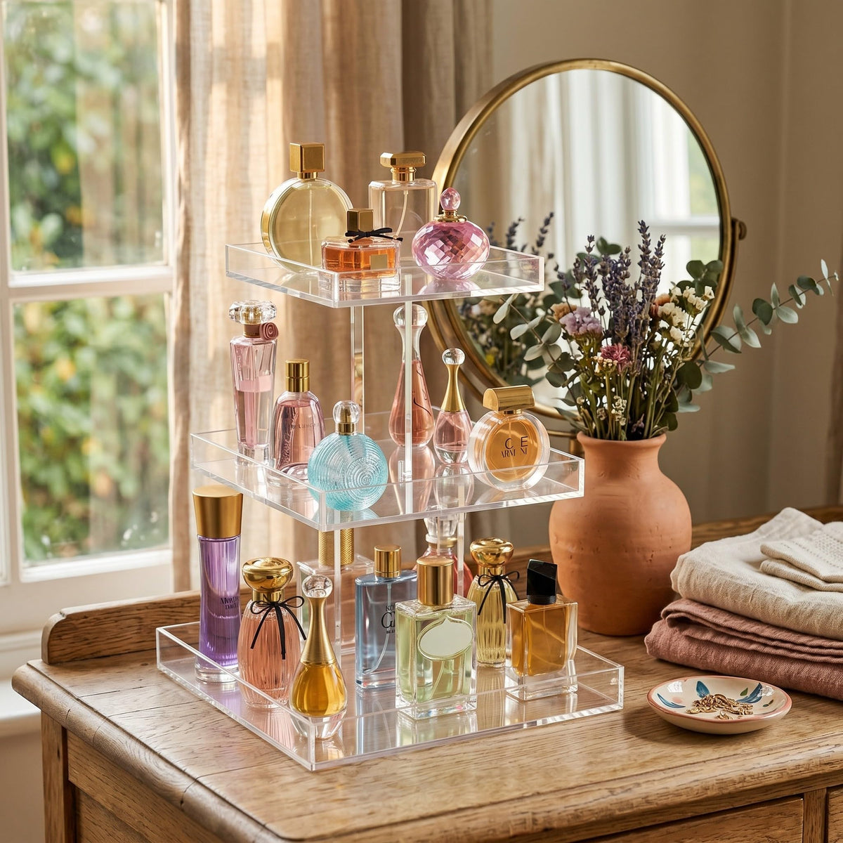 NIUBEE 3-Tier Perfume Organizer top view revealing tiered layout for easy viewing