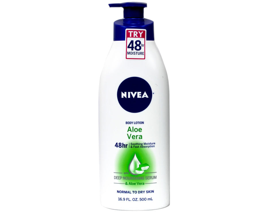 NIVEA Aloe Vera Lotion bottle-pump delivers smooth, quick-absorbing hydration.