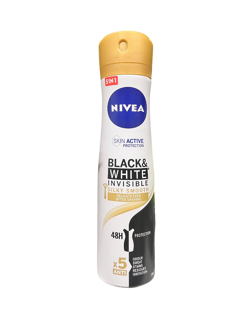 NIVEA Black and White Silky Smooth deodorant bottle shows invisible protection on dark fabrics.