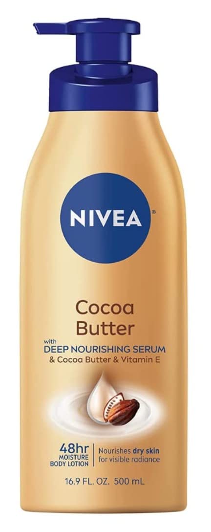 NIVEA Cocoa Butter Lotion pair on shelf showing deep hydration