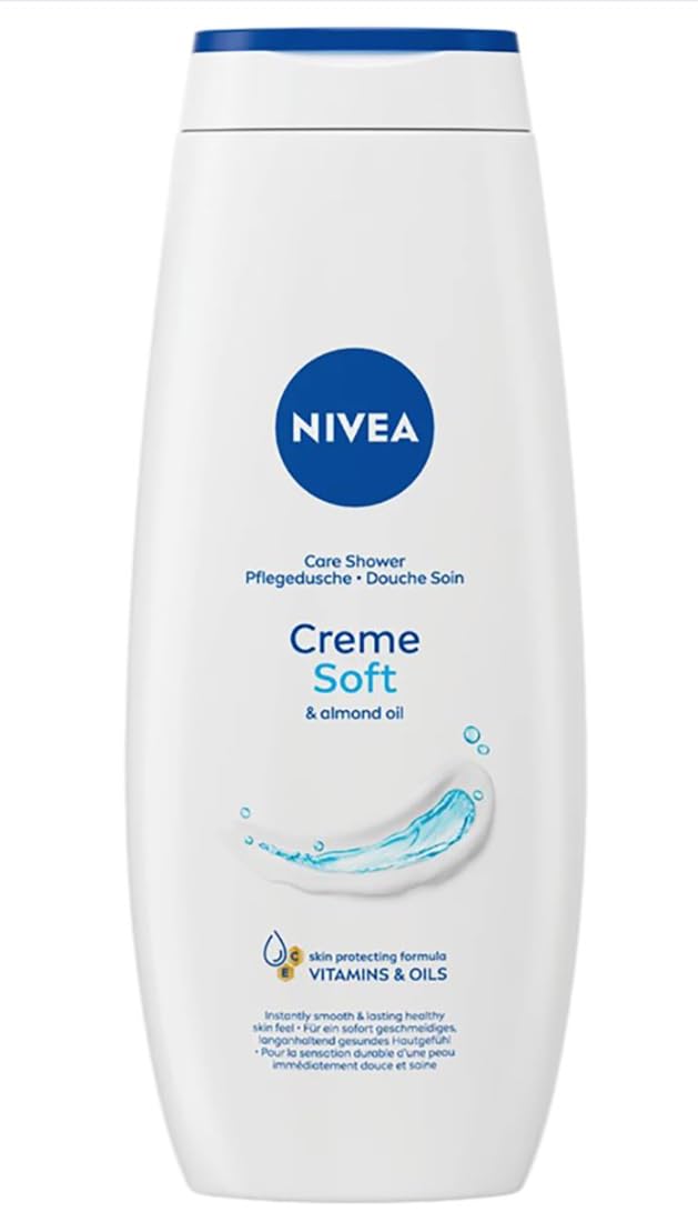 NIVEA Creme Soft almond-oil bottle nourishes dry skin after shower.