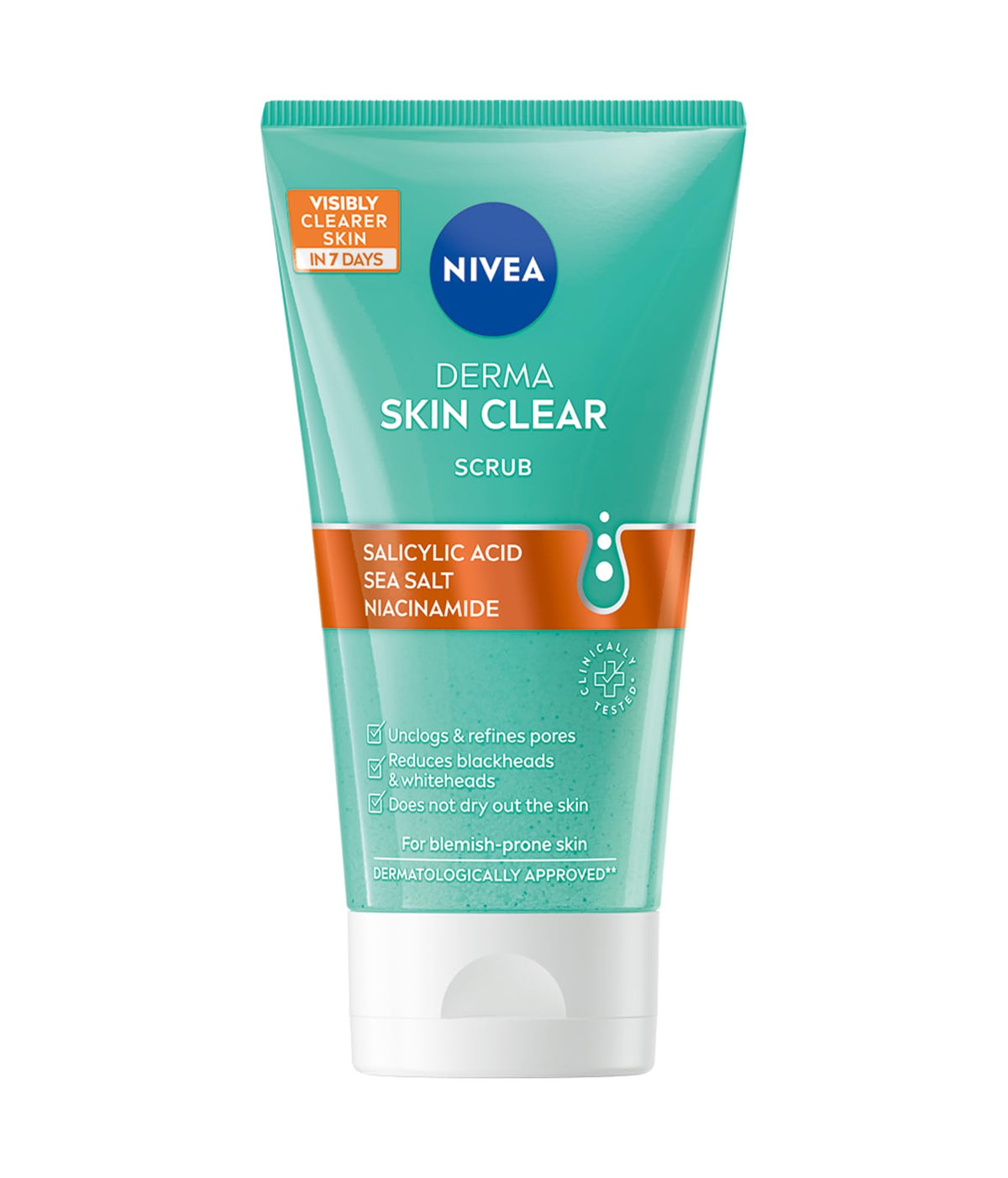 NIVEA Derma Skin Clear peeling bottle pouring, showcasing a cleansing gel for pore purification.