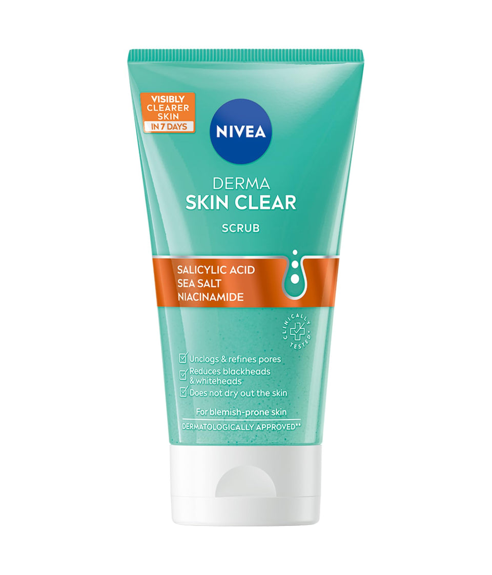 NIVEA Derma Skin Clear peeling bottle pouring, showcasing a cleansing gel for pore purification.