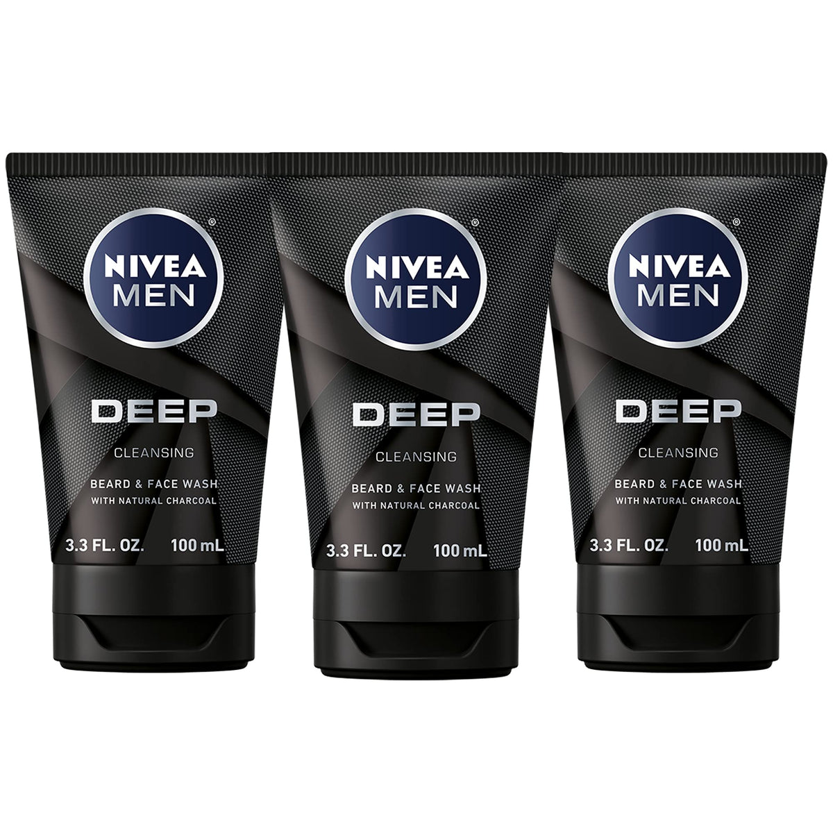 NIVEA MEN DEEP bottle pour demonstrates charcoal cleanse for skin and beard freshness