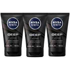 NIVEA MEN DEEP bottle pour demonstrates charcoal cleanse for skin and beard freshness
