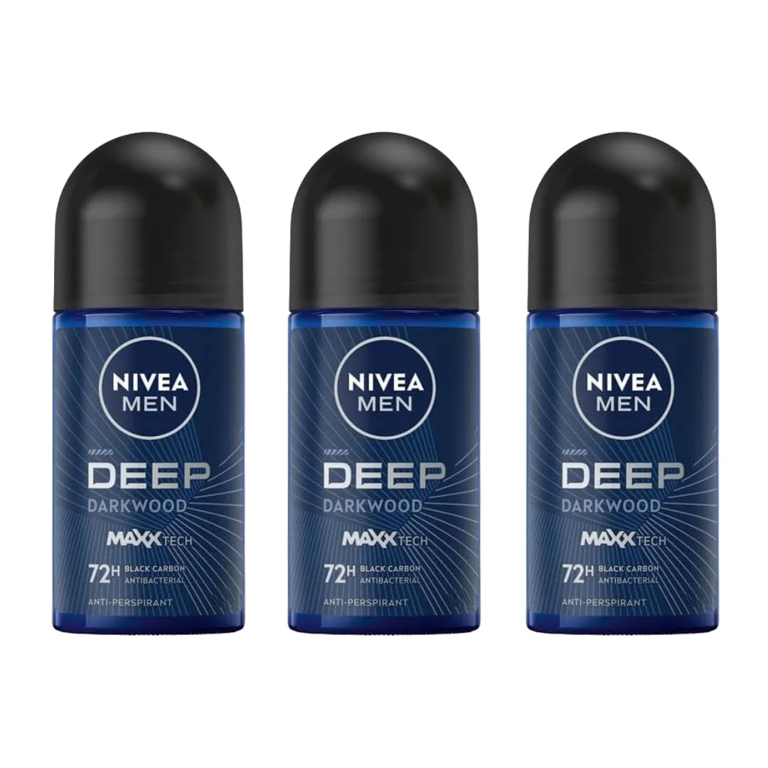 NIVEA Men Deep Darkwood MaxxTech roll-on bottle for long-lasting freshness.
