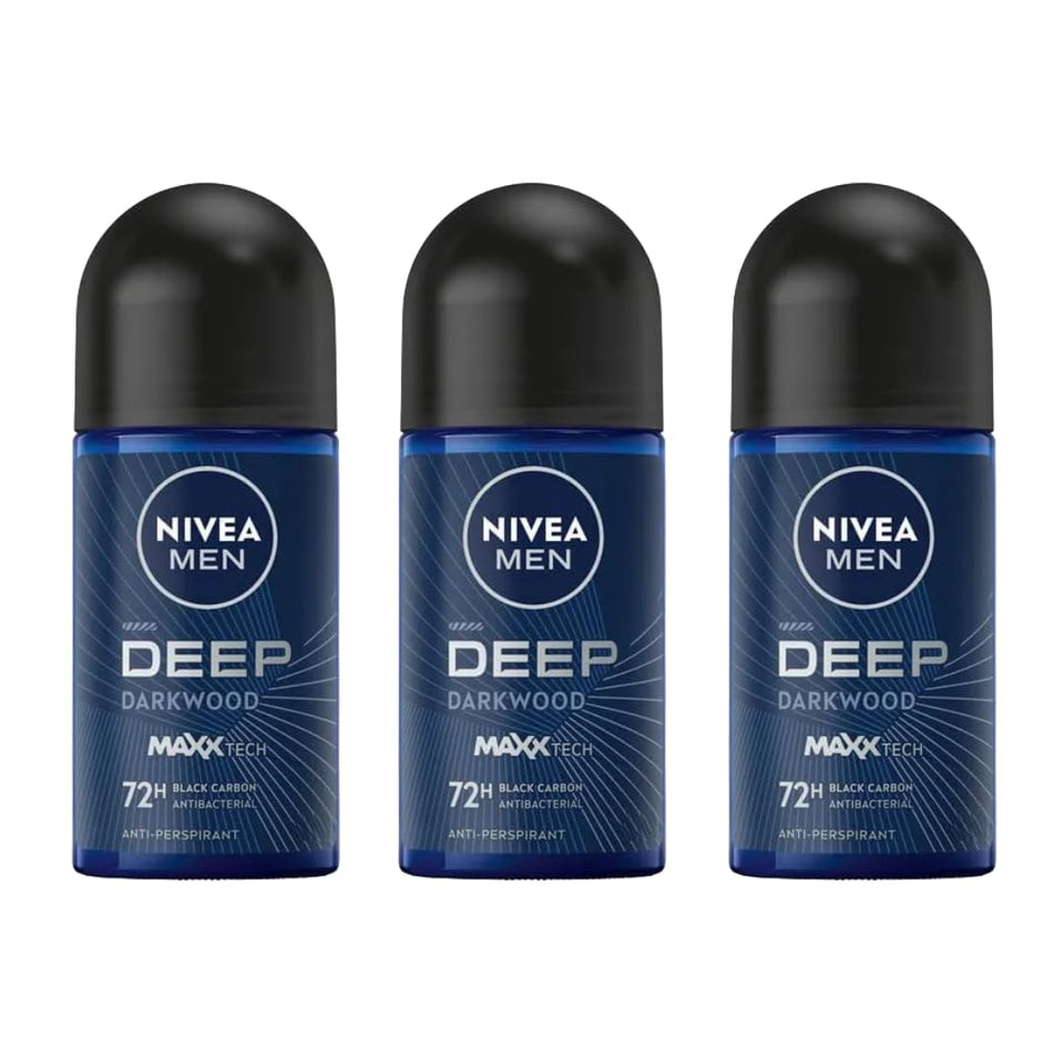 NIVEA Men Deep Darkwood MaxxTech roll-on bottle for long-lasting freshness.