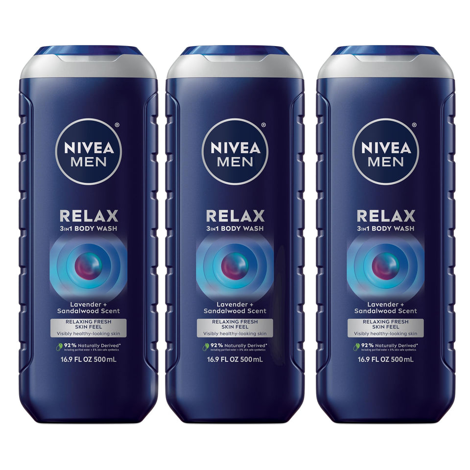 NIVEA MEN Relax bottle front label with calming lavender scent for a relaxing shower.