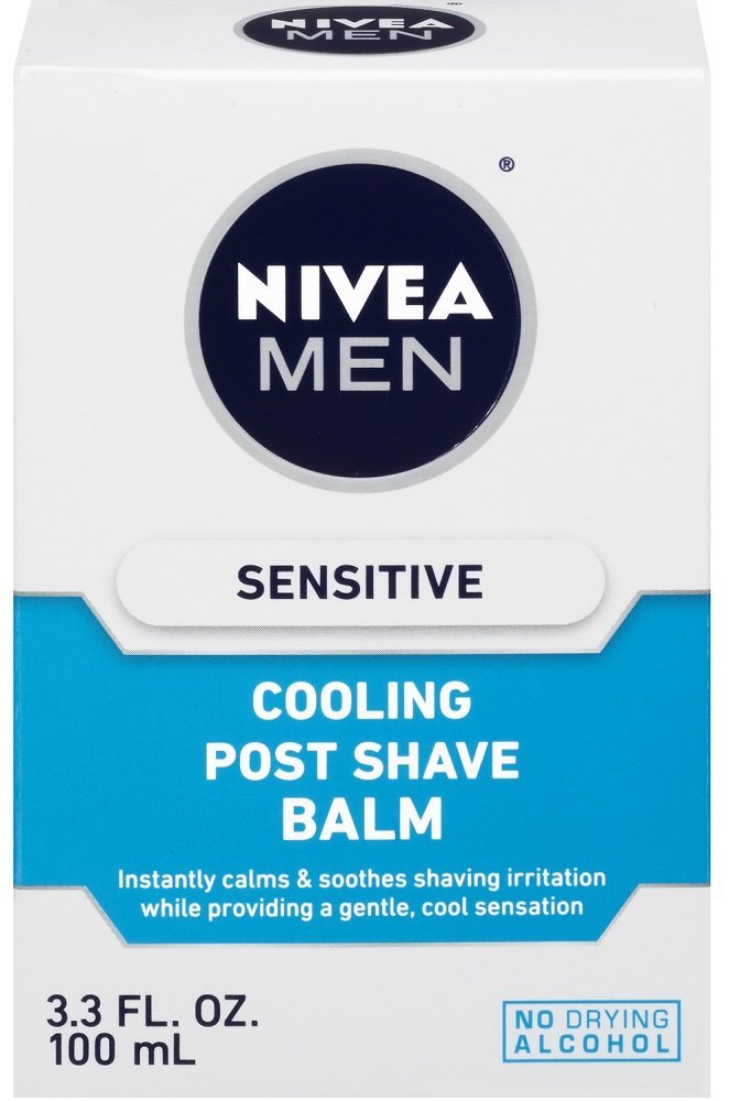NIVEA Men Sensitive Cooling Post Shave Balm bottle with quick-absorbing calming formula.