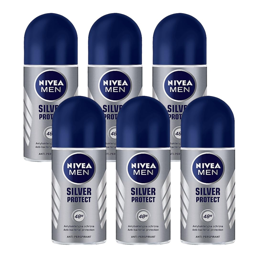 NIVEA MEN Silver Protect roll-on deodorant bottle with anti-bacterial silver ions for lasting freshness.