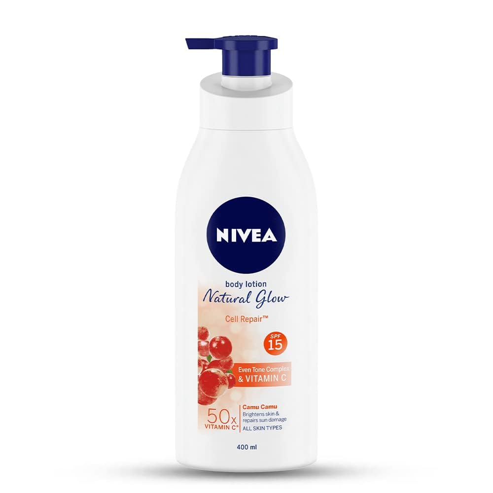 NIVEA Natural Glow bottle close-up highlighting lotion for radiant skin