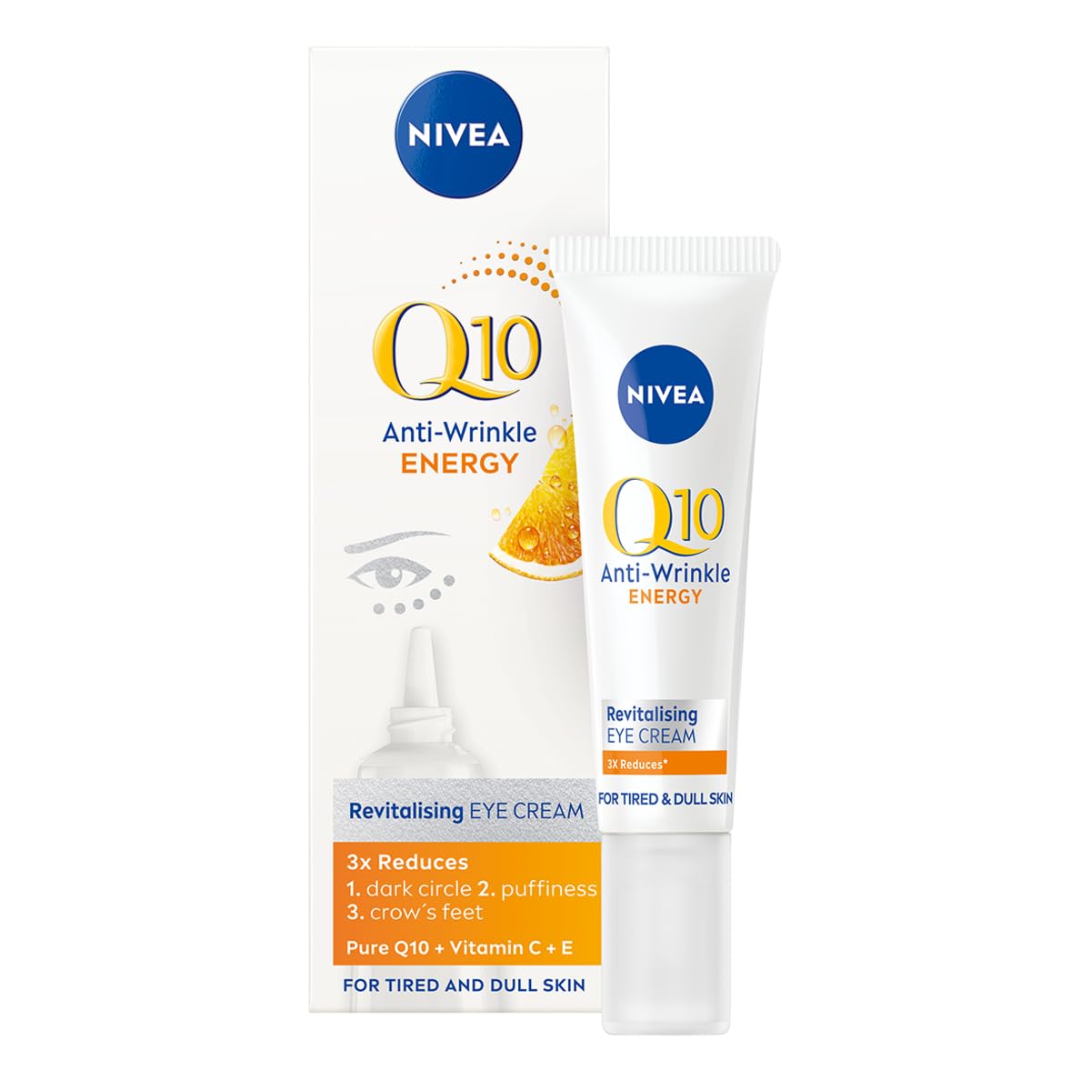 NIVEA Q10 Energy Eye Cream pack close-up highlights travel-friendly packaging