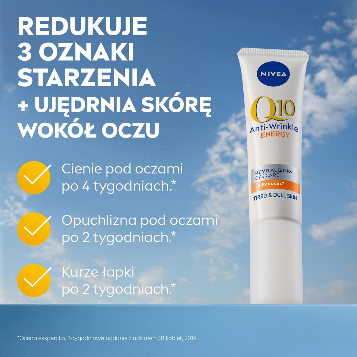 NIVEA Q10 Energy Eye Cream tube close-up demonstrates compact, ready-to-use design