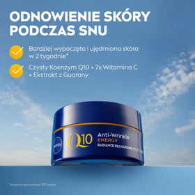 NIVEA Q10 Energy Night Cream ingredient illustration showcases Q10 and vitamin C