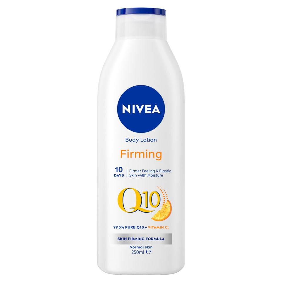 NIVEA Q10 Energy Plus Firming bottle closeup for daily hydration.