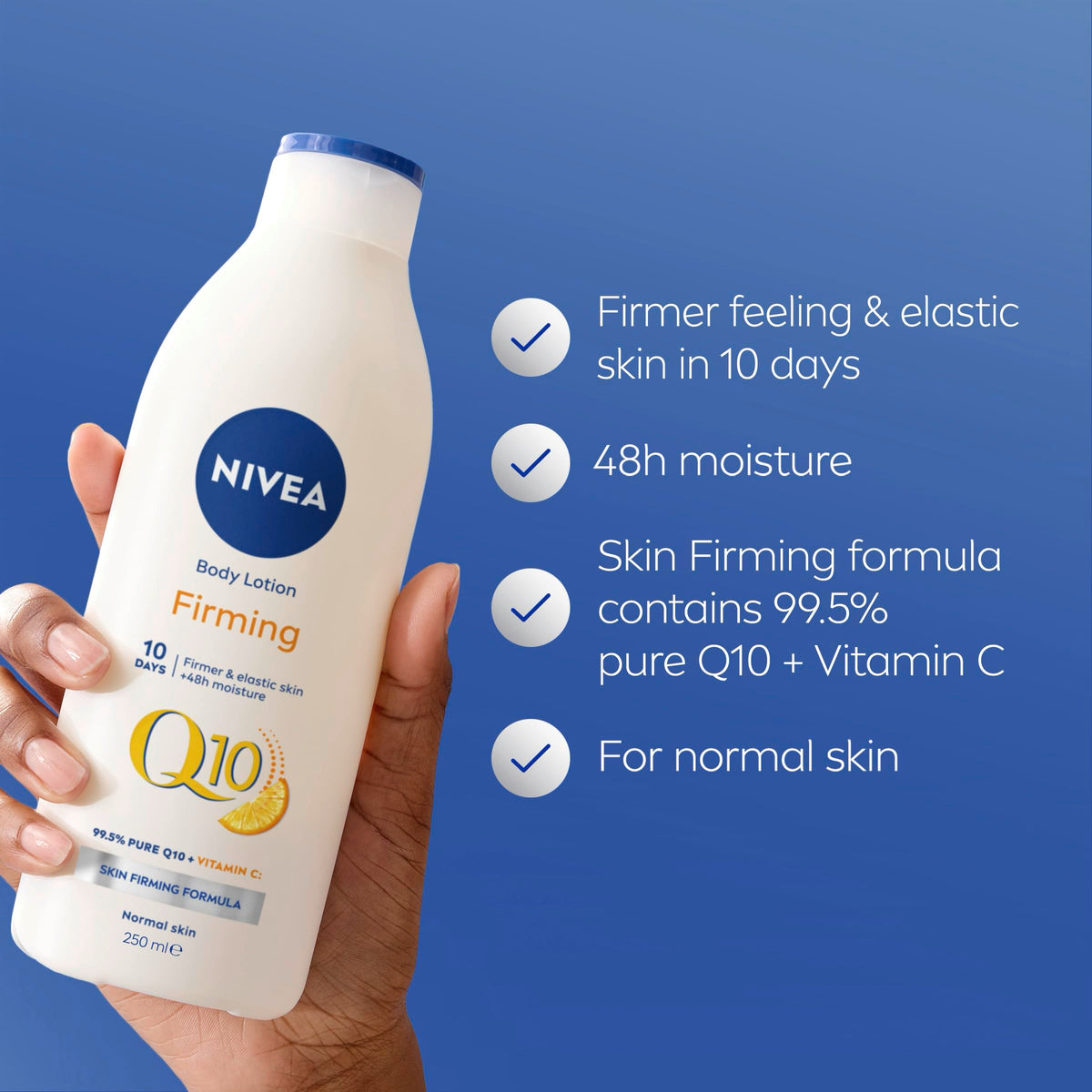 NIVEA Q10 Energy Plus Firming lotion swirl shows smooth texture.