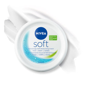 NIVEA Soft cream pack of four jars with a close-up of the lightweight hydration texture.