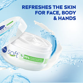 Pack-shot of NIVEA Soft Moisturizing Creme four-pack on a clean surface.