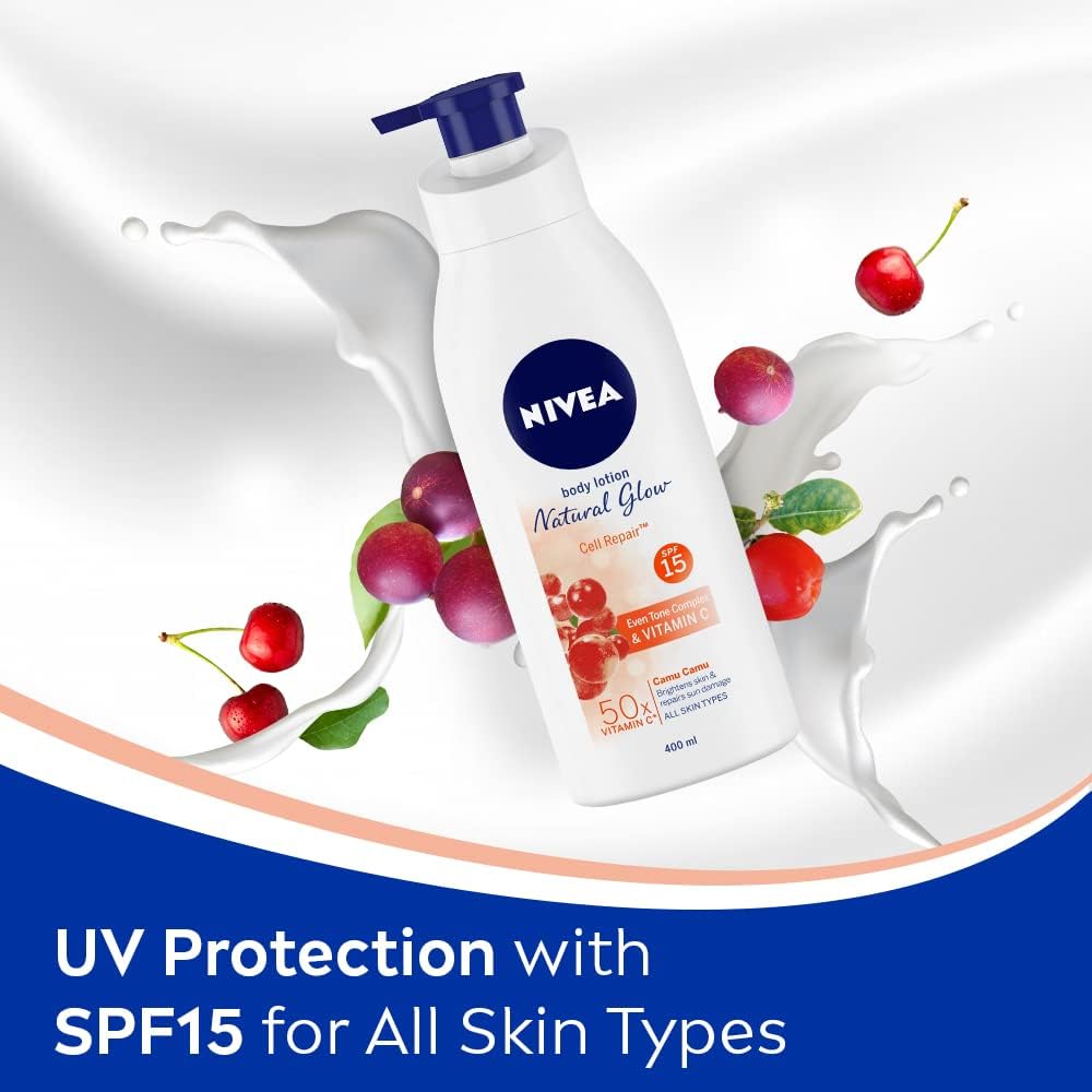 Label showing NIVEA Vitamin C SPF 15 sun protection and brightening potential
