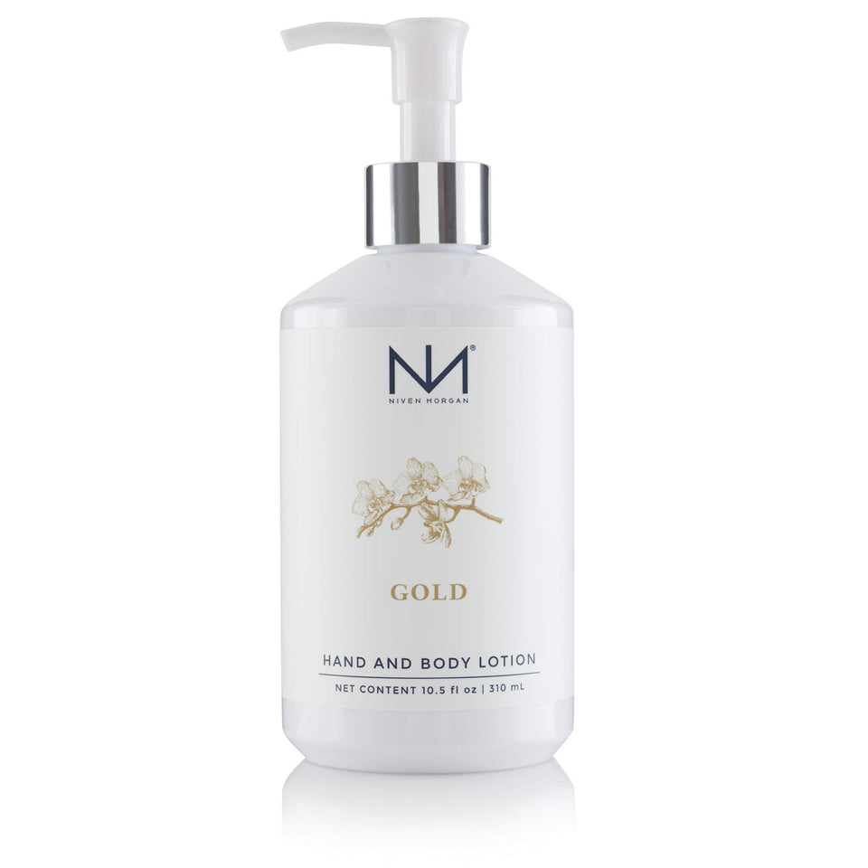 Niven Morgan Gold Hand and Body Lotion bottle hydrates for soft skin.