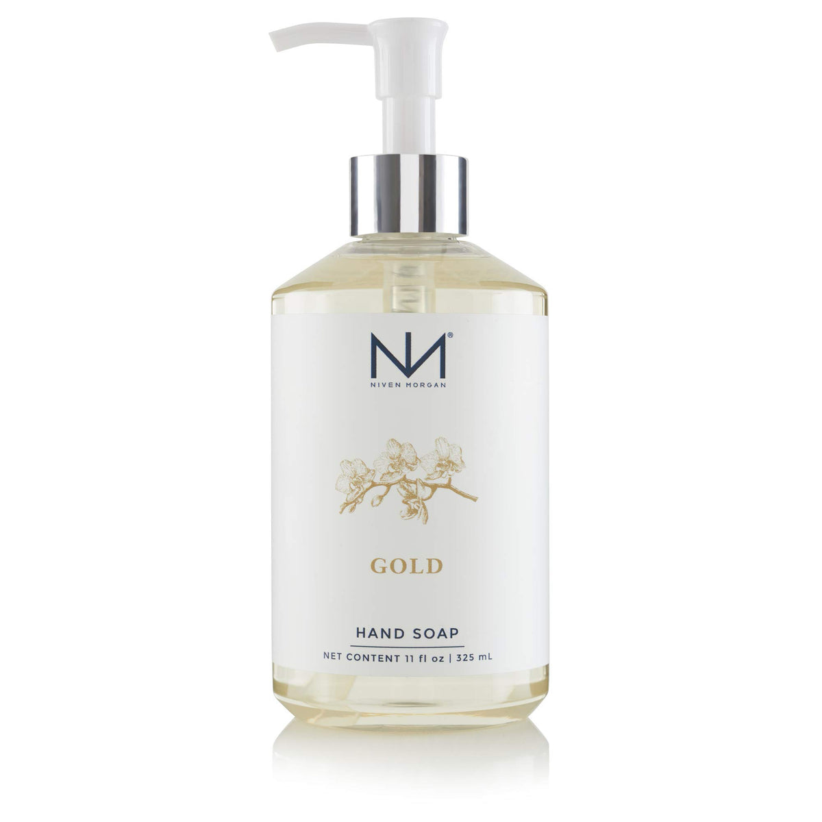 Niven Morgan Gold Hand Soap 11oz bottle with vitamin-enriched formula for nourished hands.