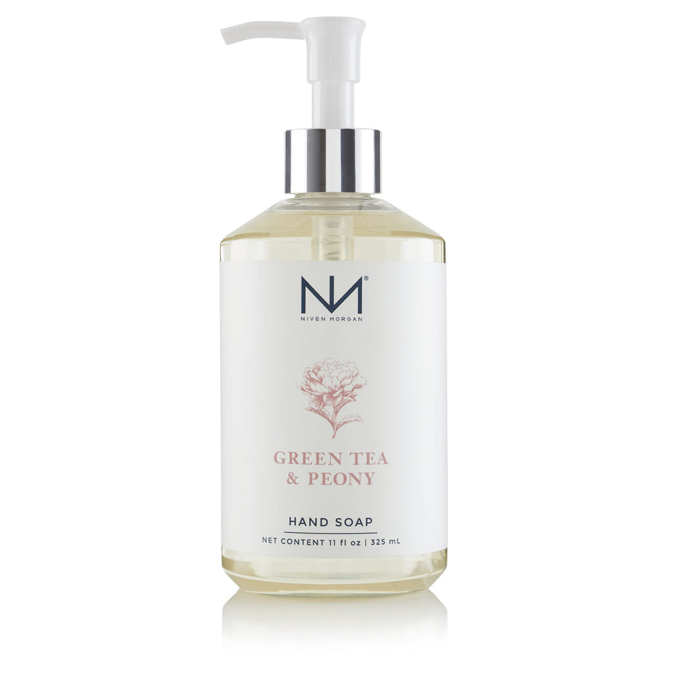 Niven Morgan Green Tea & Peony Hand Soap bottle with soothing daily-care lather.